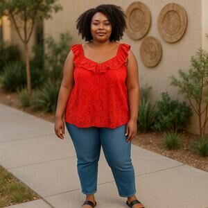 Torrid Red Orange Lace Button Ruffle Tank Top Plus Size Feminine 0 / 12 / Large